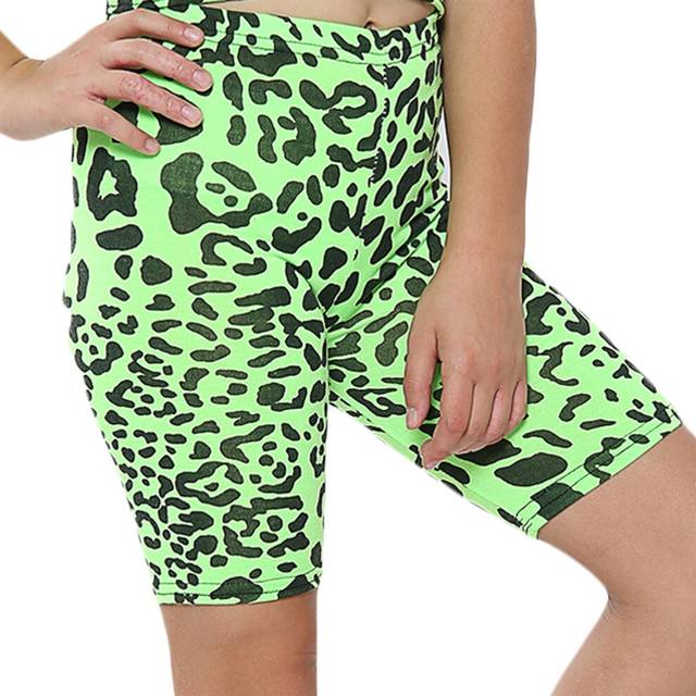 (9-10 Years, Leopard Neon Green) Girls Cycling Shorts Stretchy Gym Dance Pants 5-13