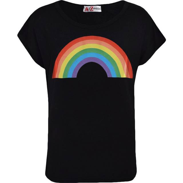 (5-6 Years, Black) Girls Black Rainbow Print Round Neck T Shirt 5-13