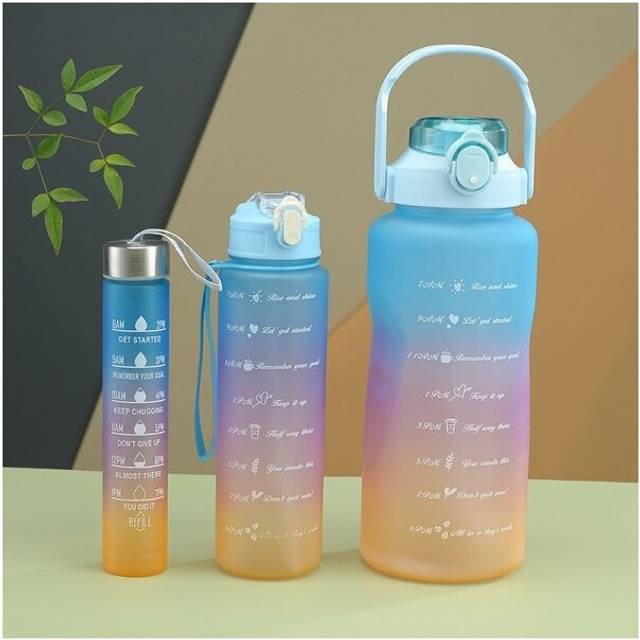 (blue, 300ml-900ML-2000ML) 3pcs Set Sports Water Bottle Portable Gradient Color Plastic Water Cup