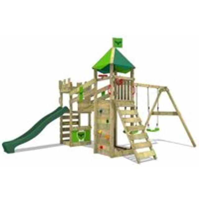 Wooden climbing frame RiverRun with swing set and slide, Knight's playhouse with sandpit, climbing ladder & play-accessories - green - Fatmoose