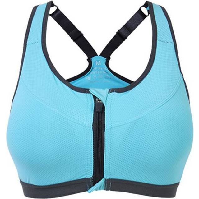 (Blue, M) Professional Shakeproof Front Zipper Breathable Sports Bra