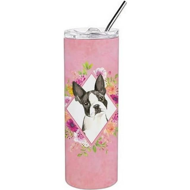 20 oz Boston Terrier Pink Flowers Double Walled Stainless Steel Skinny Tumbler