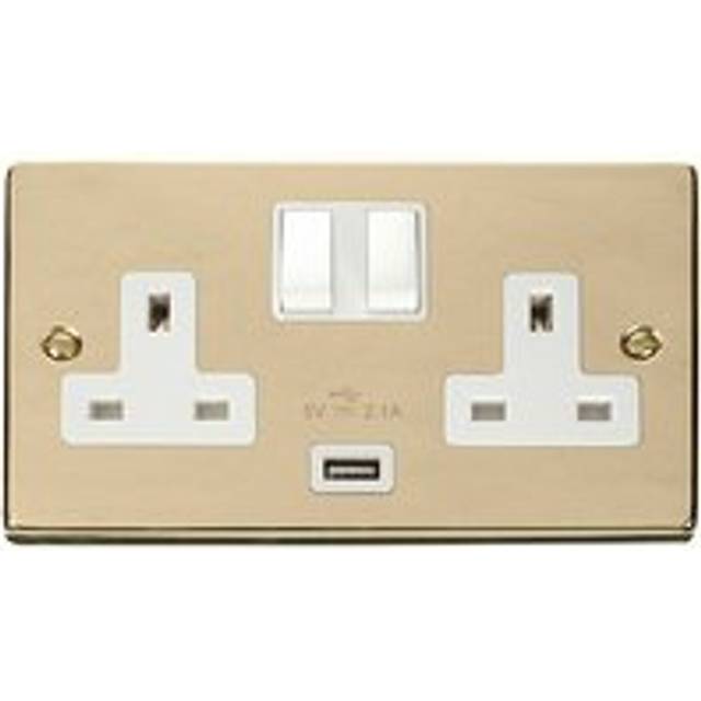 Polished Brass 2 Gang 13A 1 usb Twin Double Switched Plug Socket - White Trim Se Home