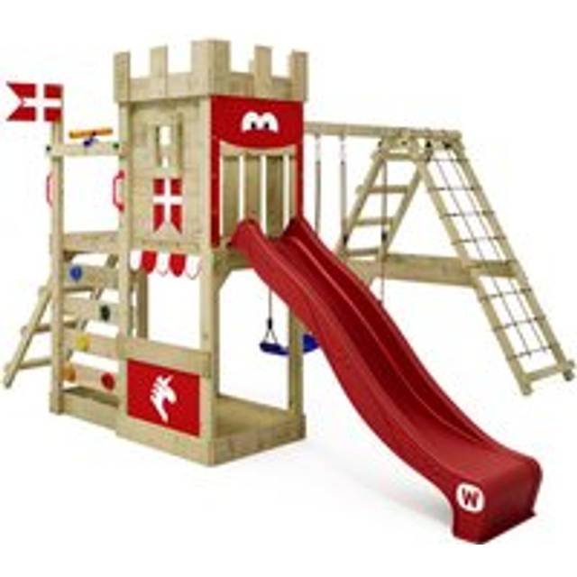 Wickey - Wooden climbing frame DragonFlyer with swing set and slide, Knight's playcastle with sandpit, climbing ladder & play-accessories - red