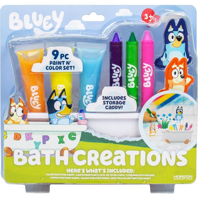 Bluey Bath Creations  9-Piece Bluey Activity Set  Fun Bluey Bath Toys  Includes Washable Bath Paints  Bath Crayons  Bath Toy Storage  Bath Paint for T
