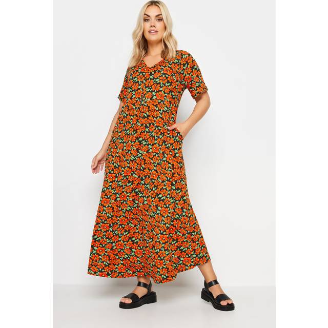 Yours Curve Orange Floral Print Pleated Front Maxi Dress, Women's Curve & Plus Size, Yours - 34-36