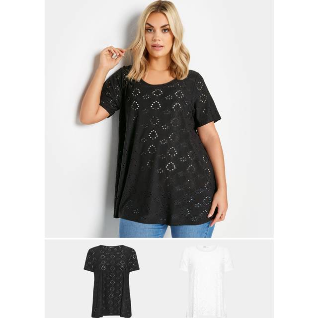 2 Pack Black & White Broderie Anglaise Swing Tshirts, Women's Curve & Plus Size, Yours - 16