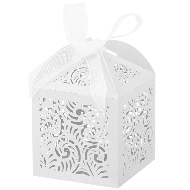 moresk-100Pcs Laser Cut Favor Boxes, 2X2Inch Small Gift Boxes for Presents, Party Wedding Favors Boxes with Ribbon, White