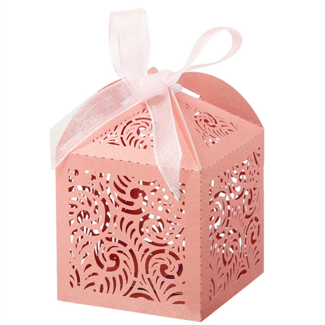 moresk-100Pcs Laser Cut Favor Boxes, 2X2InchSmall Gift Boxes for Presents, Party Wedding Favors Boxes with Ribbon, Pink