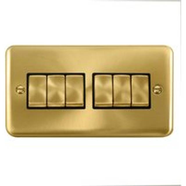 Se Home - Curved Satin / Brushed Brass 10A 6 Gang 2 Way Ingot Light Switch - Black Trim