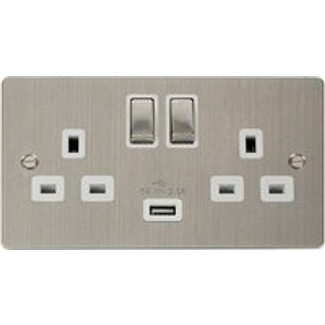 Se Home - Flat Plate Stainless Steel 2 Gang 13A dp Ingot 1 usb Twin Double Switched Plug Socket - White Trim