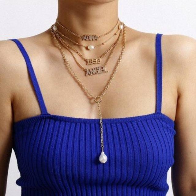 Multi layer Punk Hip Hop Necklace For Women Letter Angel Pendant Necklace Pearl Long Choker Boho Steampunk Jewelry Collier - Multicoloured