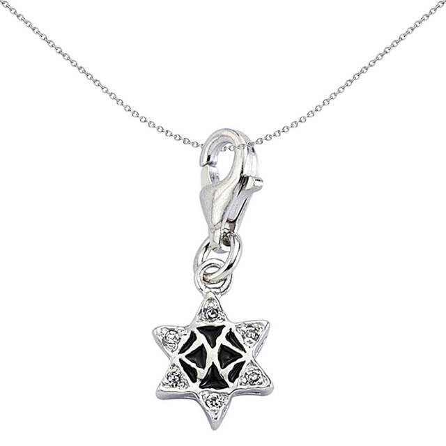 Jewelco London Unisex Sterling Silver Crystal Black Enamel Magen David Star Lobster Clasp Link Charm - CM161