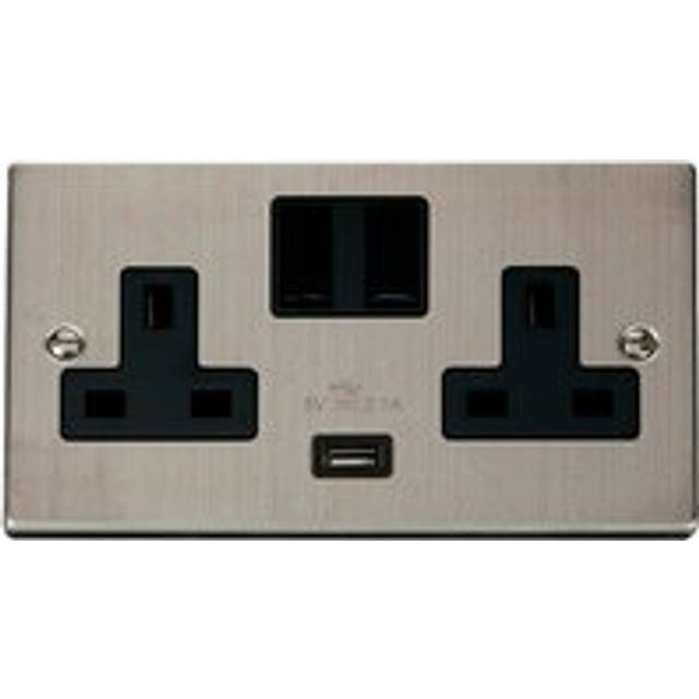 Se Home - Stainless Steel 2 Gang 13A 1 usb Twin Double Switched Plug Socket - Black Trim