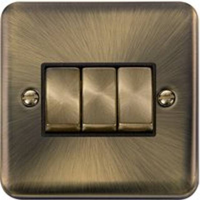 Se Home - Curved Antique Brass 10A 3 Gang 2 Way Ingot Light Switch - Black Trim