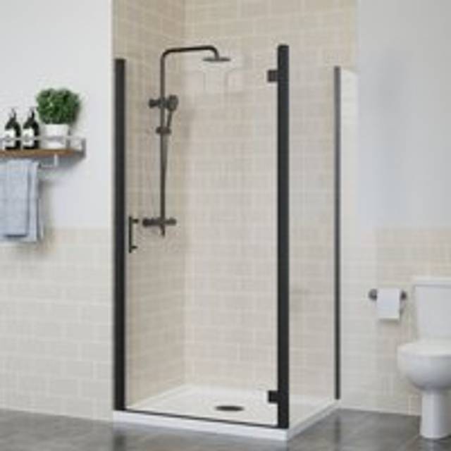 Frameless Hinged Shower Door Enclosure Glass Screen Walk In Cubicle with Side Panel Black 1000x900mm