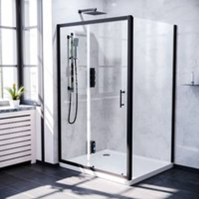 Nes home 1200 matte black shower sliding door, 900 frameless side panel & tray