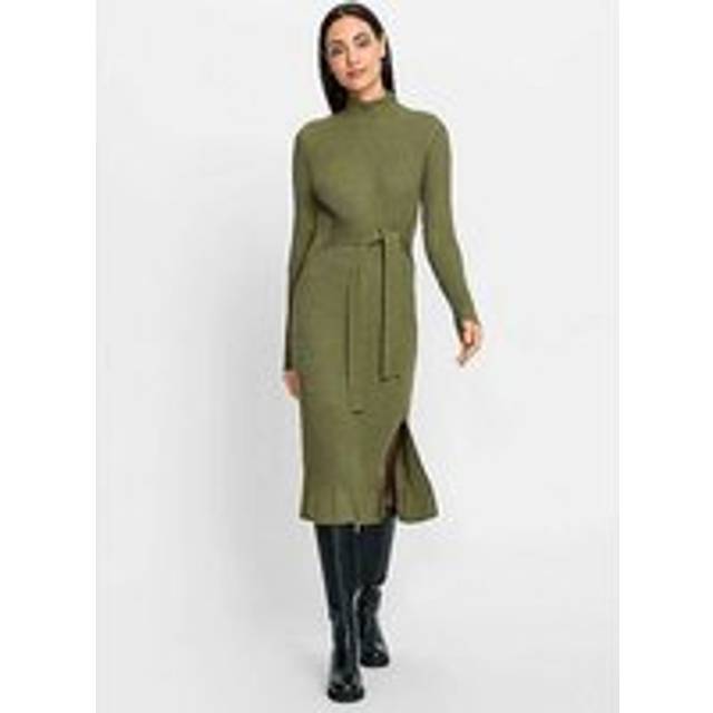 Heine Cashmere Blend Midi Dress with Tie Belt - Olive