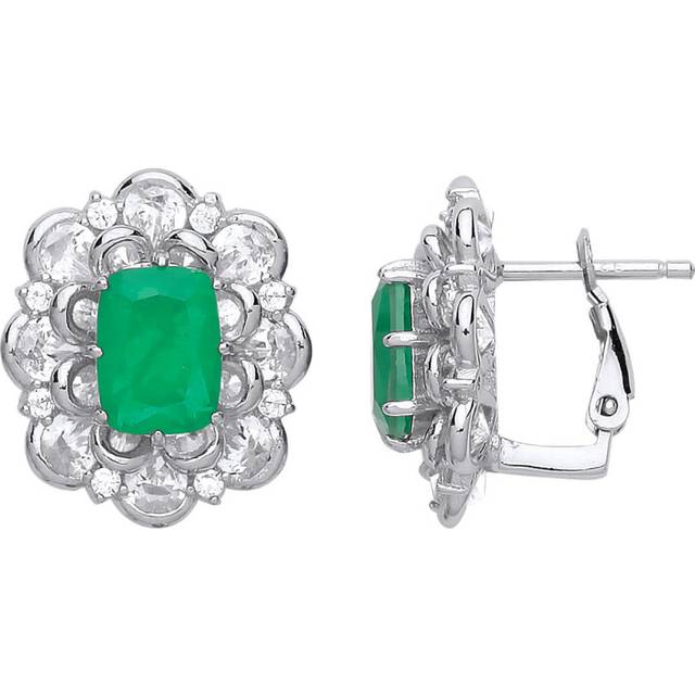Jewelco London Ladies Sterling Silver Emerald-Green Cushion Cubic Zirconia Supernova Flower Cluster Drop Earrings - GVE739EM