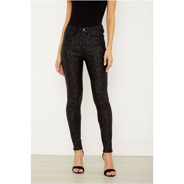 Sosandar Womens Black Textured Leopard Print Coated Skinny Jeans - Size 12 Regular