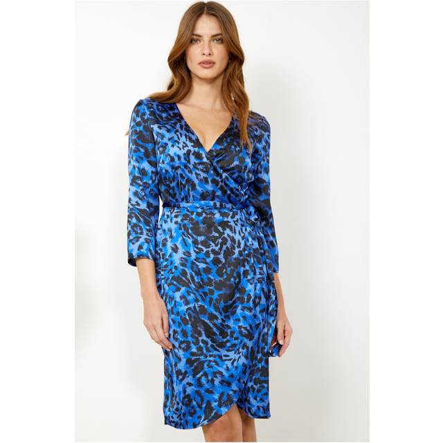 Sosandar Womens Blue Leopard Print Wrap Dress - Size 12 UK