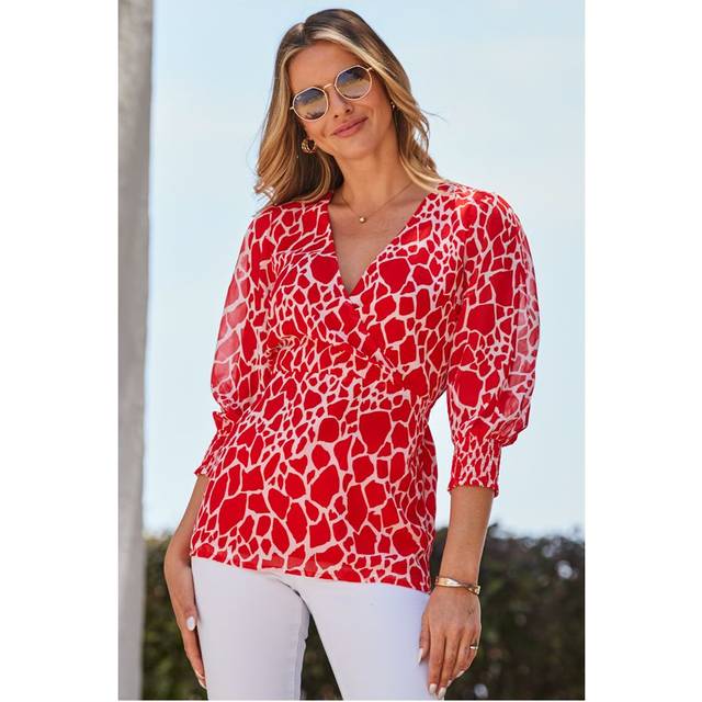 Sosandar Womens Red Morocco Print Faux Wrap Tunic Top Denim - Size 16 UK