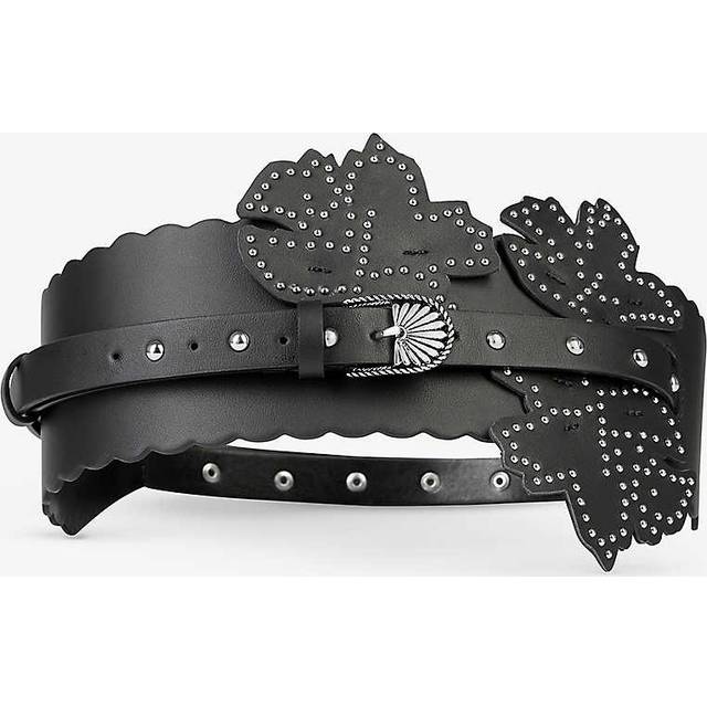 The Kooples Womens Black Flower-insert Stud-embellished Leather Belt M - BLACK