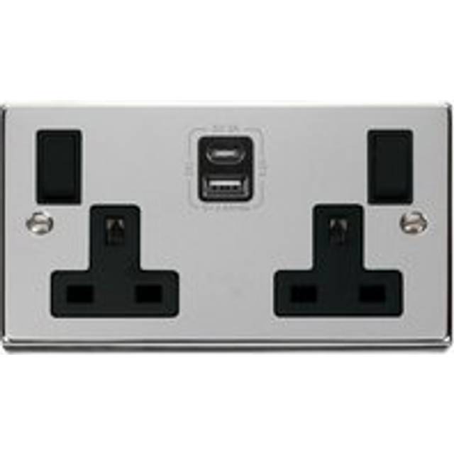 Polished Chrome 2 Gang 13A Type a & c usb Twin Double Switched Plug Socket - Black Trim Se Home