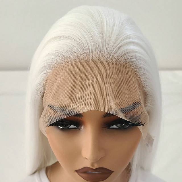 SHEIN 13x4 Natural White Straight Synthetic Lace Front Wig, No Glue Needed, With Heat Resistant Fiber For Women
