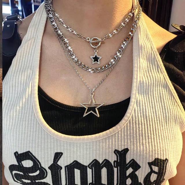 SHEIN 3pcs Y2k Vintage Gothic Punk Rock Style Star Pattern Rhinestone Inlaid Choker Necklace Set, Hip-Hop Bohemian Chic Star Pendant Stainless Steel Link Ne