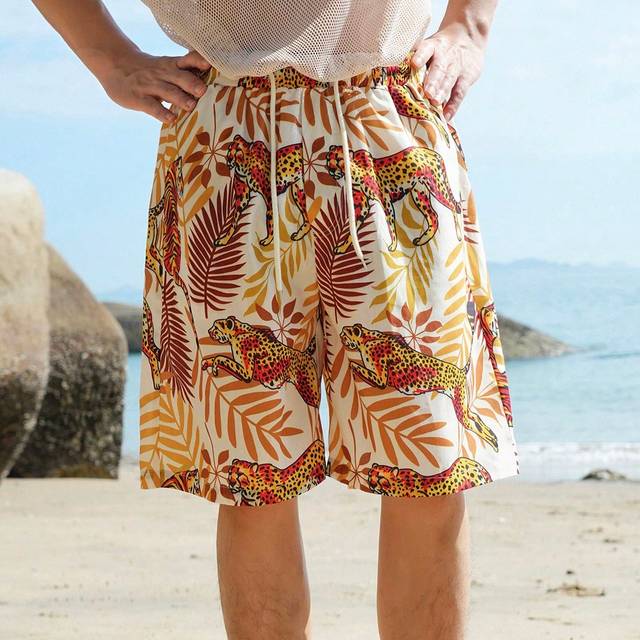 Herr Sommar Leopard & Plantor Tryck Dragsko i Midjan Shorts - Gul (L,M,S,XL)