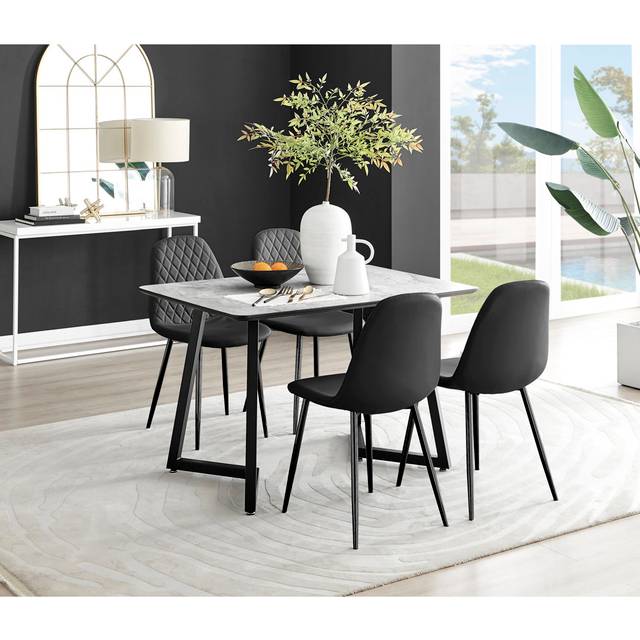 Industrial Design White & Grey Marble Effect Melamine Dining Table Set with 4 Faux Leather Chairs - Black (4)