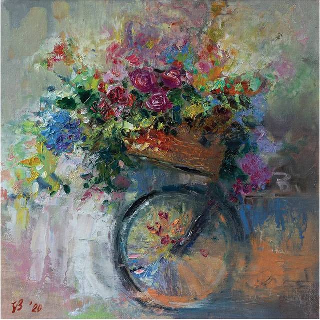 Bicycle Basket with Flowers by Katharina Valeeva - Wrapped Canvas Painting (45.72cm H x 45.72cm W x 3.81cm D)