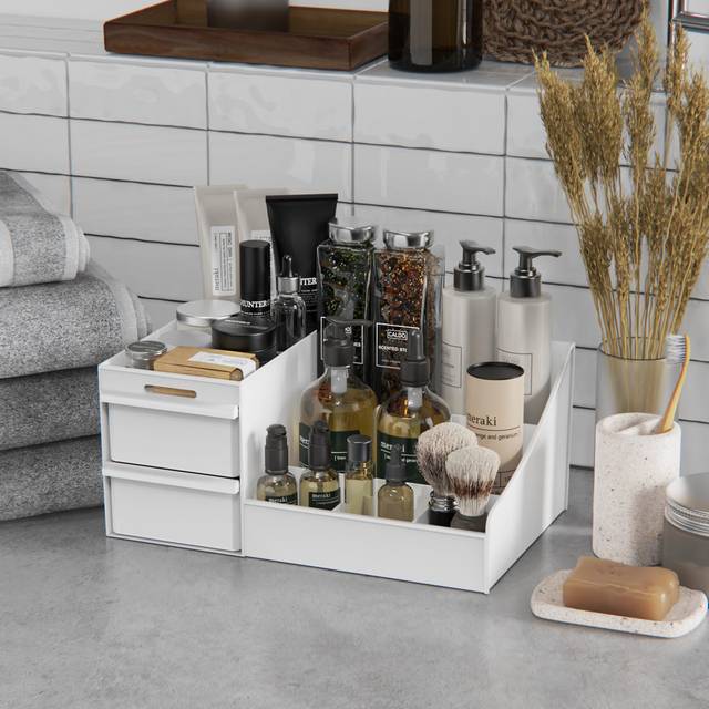 Diara Plastic 7 Compartment Makeup Organiser - White (34.29cm H X 72.39cm W X 44.45cm D)