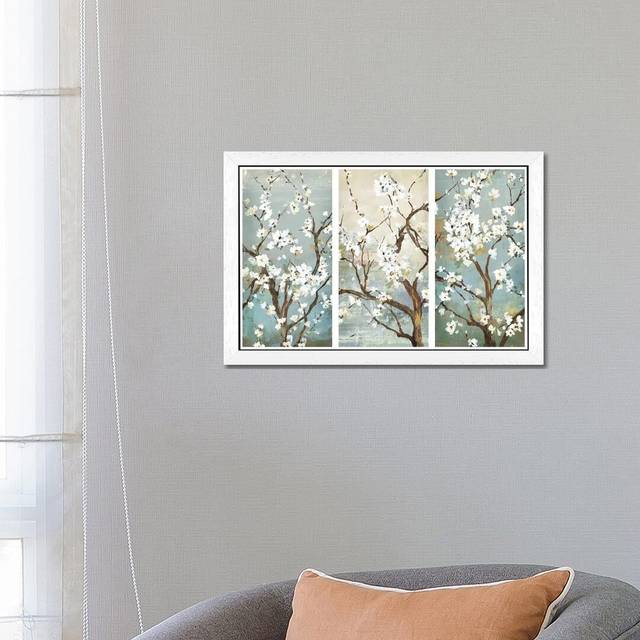 &#39;Triptych in Bloom&#39; by Asia Jensen - Floater Frame Painting Print on Canvas - White Floater Framed (66.04cm H x 101.6cm W x 3.81cm D)