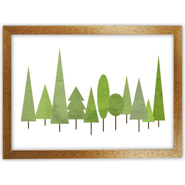 Scandinavian Trees Landscape Original - Graphic Art Print on Paper - Oak Frame (59cm H x 84cm W x 3cm D)