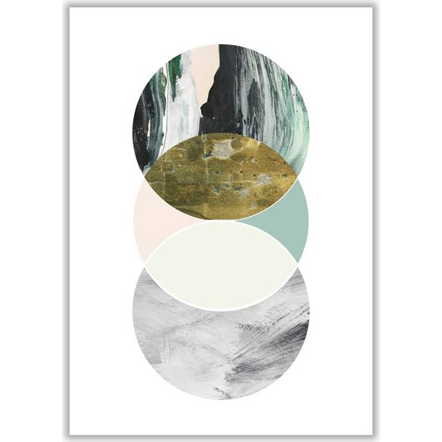 Textured Peach, Green and Grey Abstract Circles - Graphic Art Print on Paper - No Frame (42 cm H x 30 cm W x 1 cm D)