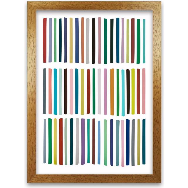 Scandinavian Multicolour Lines Original - Graphic Art Print on Paper - Oak Frame (59cm H x 42cm W x 3cm D)