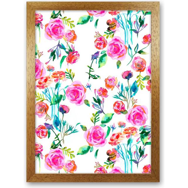 Roses Bouquet Pink - Graphic Art Print on Paper - Brown Framed (88cm H x 64cm W x 3cm D)
