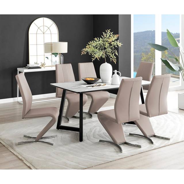 Industrial Design White & Grey Marble Effect Melamine Dining Table Set with 6 Faux Leather Chairs - Silver (6)