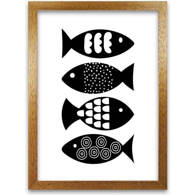 Black and White Scandi Fish - Graphic Art Print on Paper - Oak Frame (59cm H x 42cm W x 3cm D)