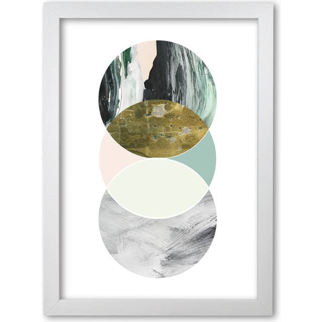 Textured Peach, Green and Grey Abstract Circles - Graphic Art Print on Paper - White Grain Frame (30 cm H x 21 cm W x 5 cm D)