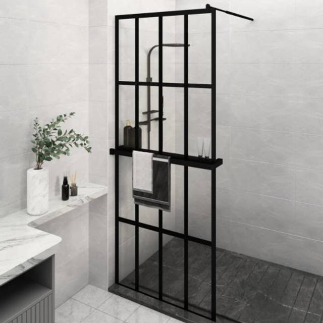 Duschvägg med hylla svart 80x195 cm ESG-glas&aluminium