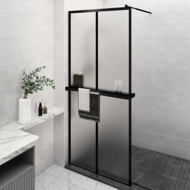 Duschvägg med hylla svart 90x195 cm ESG-glas&aluminium