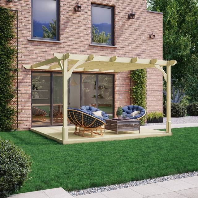 Premium Wall Mounted Pergola and Decking Kit - Wood - L300 x W300 x H270 cm - Light Green