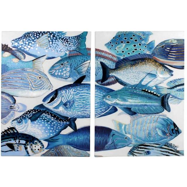Set med 2 målningar Blue Fishes, handmålade, akryl a. Canvas, 70x100 cm