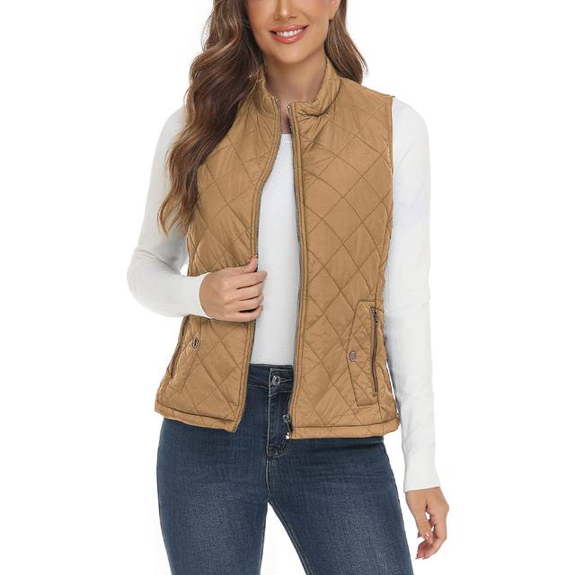 YESLIFE 2023 Camel Women's Outwear Quilted Vest With One Inside Pocket, Stand Collar Lightweight Padded Gilet for Women XXL