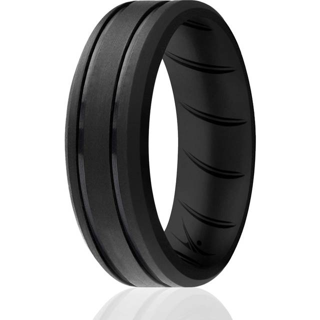 ROQ Silicone Rubber Wedding Ring for Men  Comfort Fit  Men's Wedding Band  Breathable Rubber Engagement Band  8mm Wide 2mm Thick  2 Thin Lines Beveled