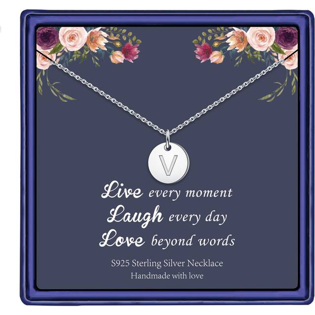 Hidepoo Tiny Letter Necklace Jewelry - S925 Sterling Silver Disc Necklace Double Side Engraved Hammered Disc Letter Necklace Jewelry Birthday Gifts Pe