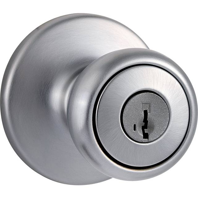 Kwikset Tylo Entry Door Knob with Lock and Key  Secure Keyed Handle Exterior Doorknob  Front Entrance and Bedroom  Satin Chrome  Pick Resist